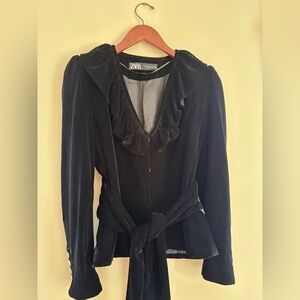 Zara Black Velvet Ruffled V-Neck Tie-Waist Jacket